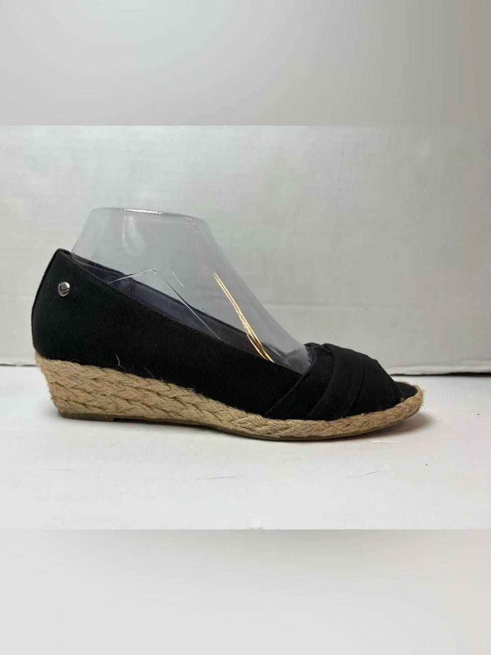 Life Stride Black Peep-Toe Espadrilles Wedge Heels Size 7